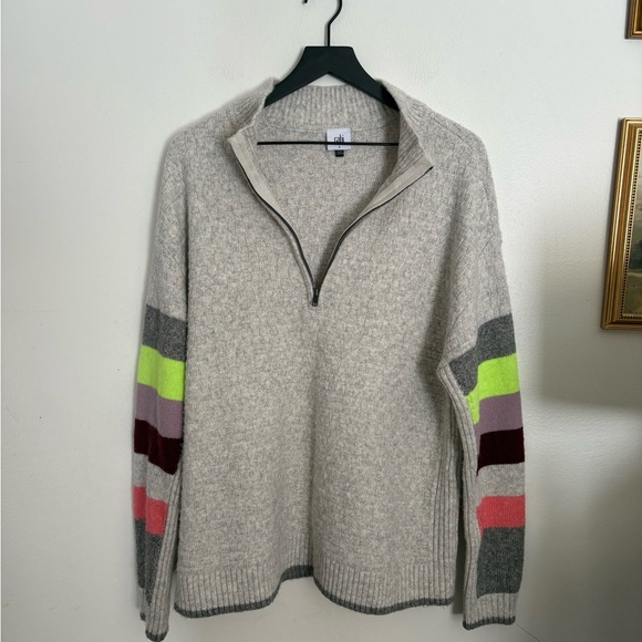 CAbi Downhill Grey Half-Zip Sweater Colorful Stripes Chic Women’s Large #4815 - Picture 2 of 8